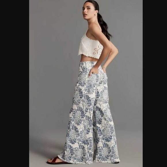 New 31 Anthropologie x Pilcro The Adi printed linen mid-rise flare pants in blu - Picture 2 of 11
